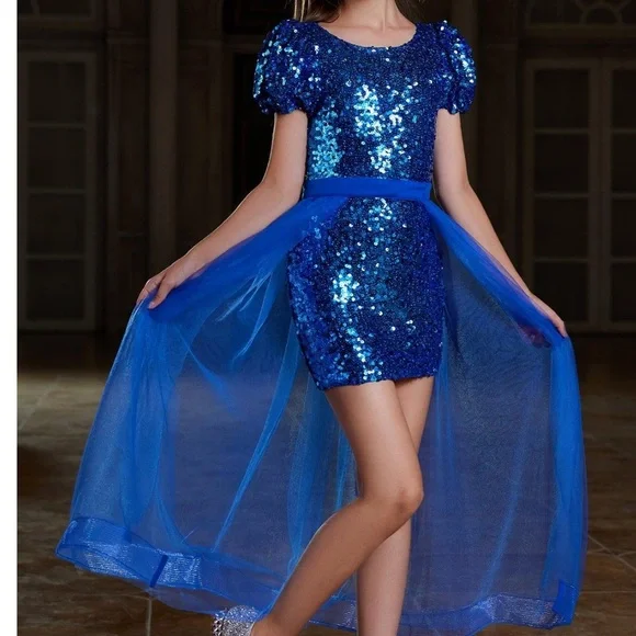 Alisa Leo Dresses Tween Girls Mesh Overlay Blue Sequin Mini